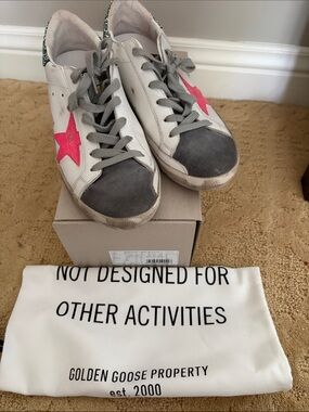 Golden Goose White Sneakers with Pink Star and Gray Toe Caps